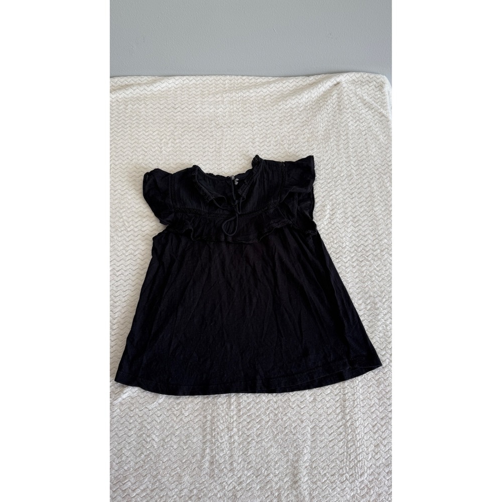 Anthropologie Black Flutter Sleeve Ruffle Tie Neck Lace Trim Boho Top Small
